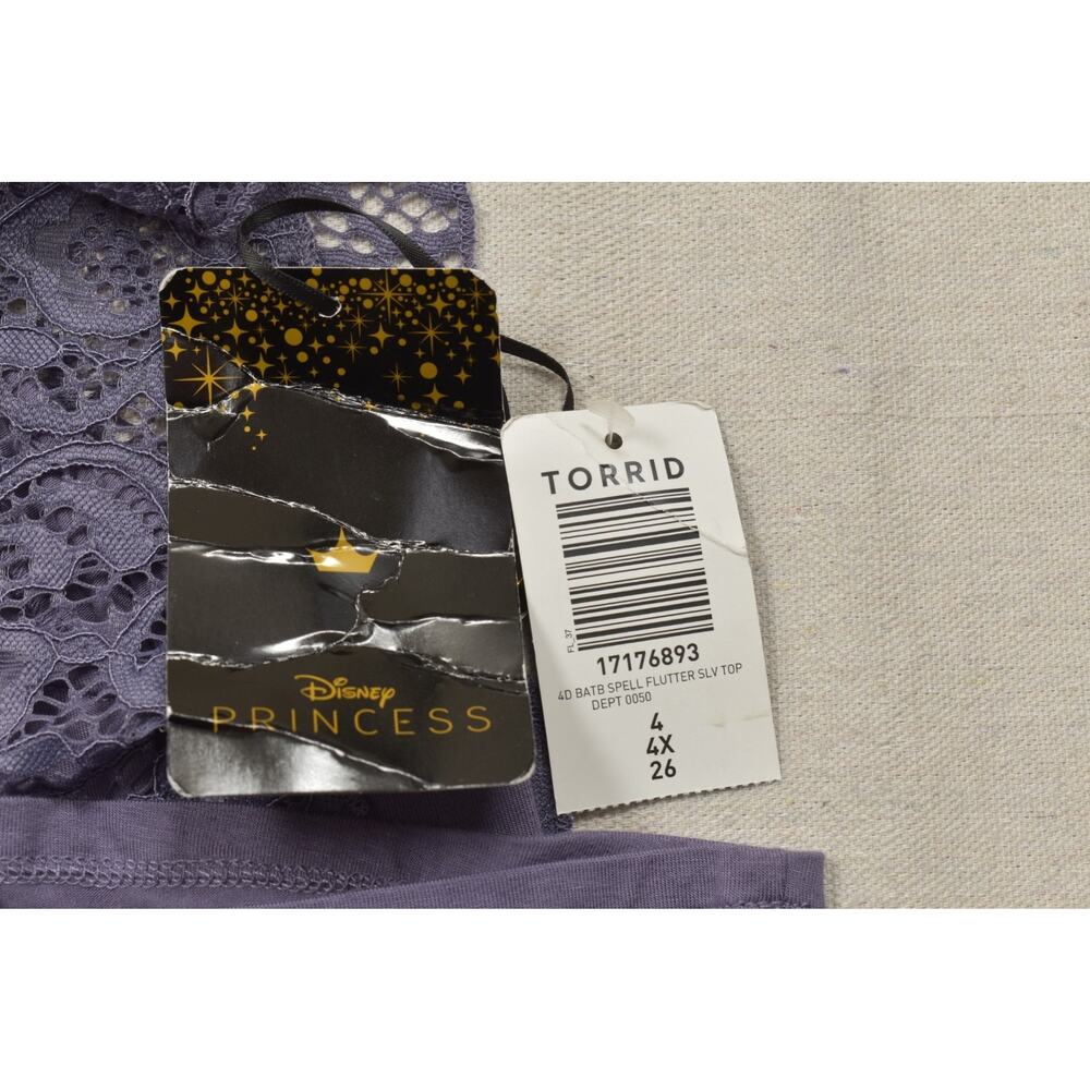 Torrid Disney Princess Belle Break The Spell Purple Flutter Lace Sleeve Top 4 4X - Picture 6 of 8